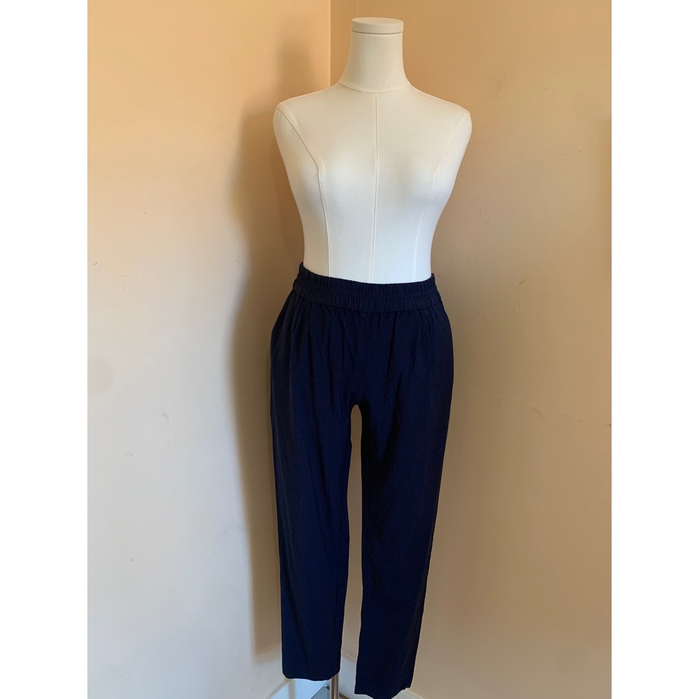 J Crew Navy Blue Elastic Waist Pull On Tapered Ankle Pants 8 Wool Viscose